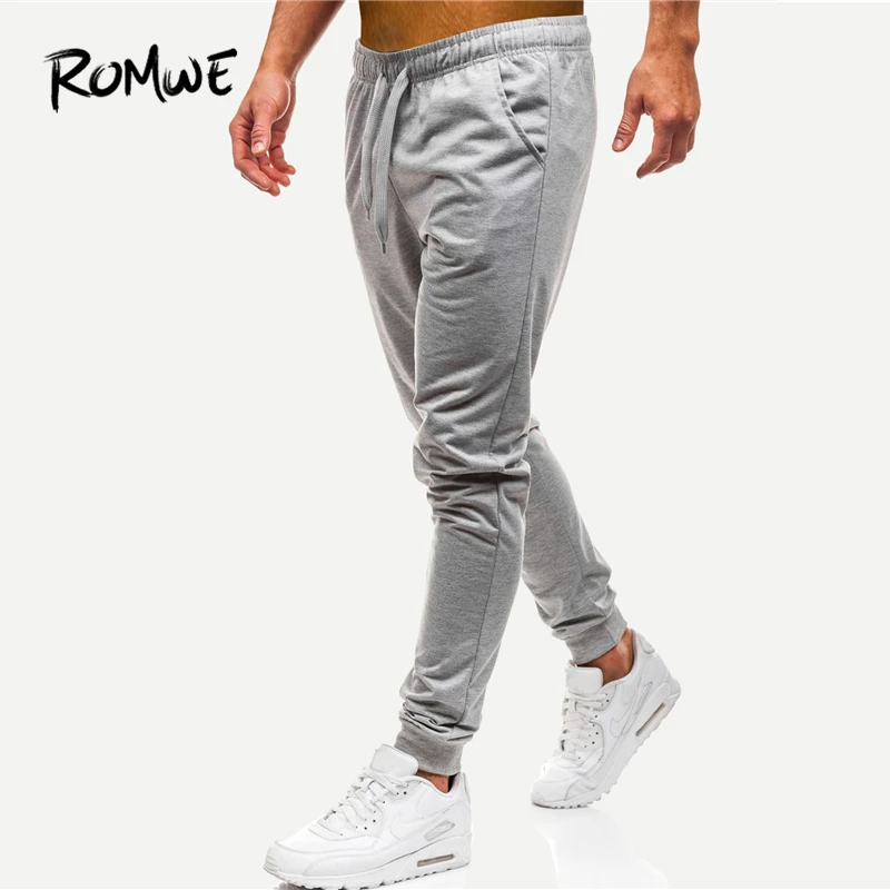 ROMWE мужские однотонные штаны на шнурке модные серые длинные штаны со средней талией повседневные зауженные брюки с морковкой для фитнеса на весну и осень