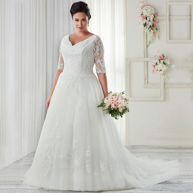 New White Plus Size A Line Wedding Dresses V Neck