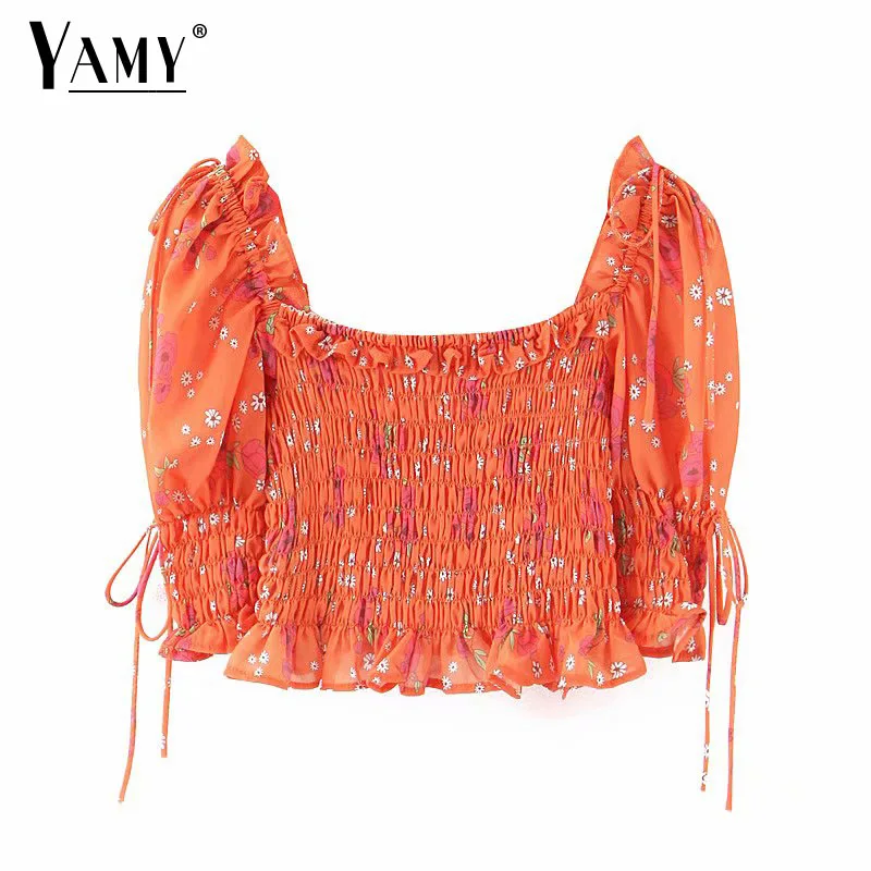 

Chiffon Blouse Women Shirts Square Neck Vintage Floral Shirred Waist Puff Sleeve Ruffle Crop Tops Ladies Elegant Boho Clothing