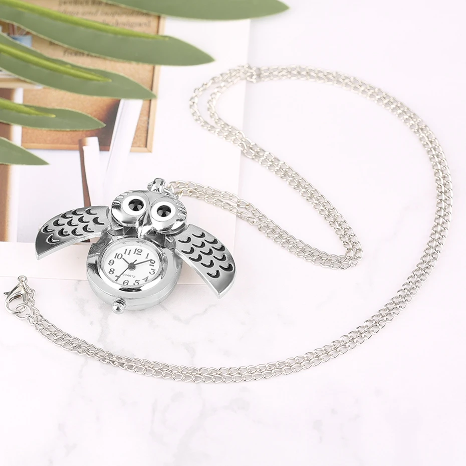 New Arrival Retro Bronze Pendant Quartz Mini Vintage Cute Silver Owl Pocket Watch Unique Necklace Chain Gift for Girls Boys Kids 2018 Gifts (2)