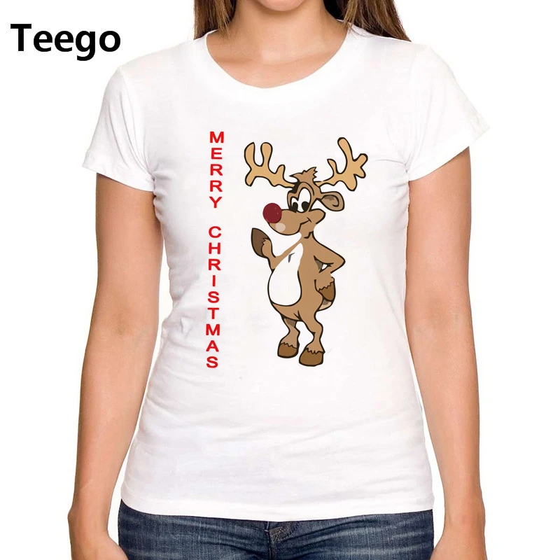 T Shirt Custom Short Printed O-Neck Rudolf Merry Christmas Glitter Nose Fitted - Retro Rudolph Gift Tee For Women | Женская одежда
