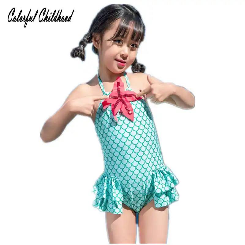 Girl Swimsuit Fish Scales Pattern Solid Skirt Style Bathing Suit Little ...