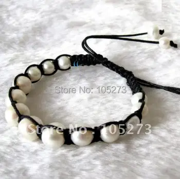 

Stunning!6''-8.5''inchs AA 6-10MM White color Genuine Freshwater Pearl Bracelet Black string Fashion Girl's Woman's bracelet