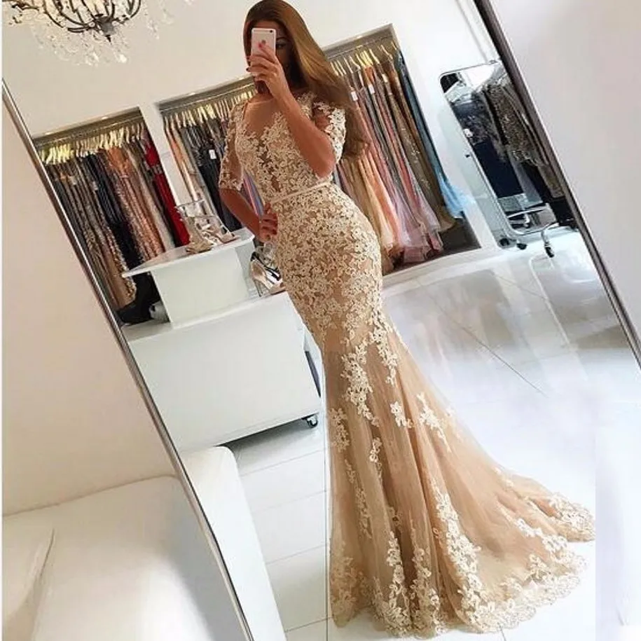 

Champagne 2019 Dresses Mermaid Tulle Appliques Lace Backless Party Maxys Long New Gown 2018 Dresses Robe De Soiree