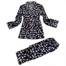 Для женщин летние длинные рукава Ночная рубашка с принтом сатиновый Топ и штаны; комплекты с отложным воротником комплекты пикантные Для женщин одежда для сна комплект с платьем 40al05