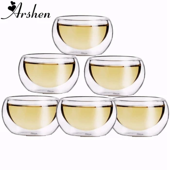 

Arshen Durable 6pcs/Set 50ML Elegant Clear Drinking Healthy Cup Heat Resistant Double Wall Layer Tea Cup Water Flower Tea Cups