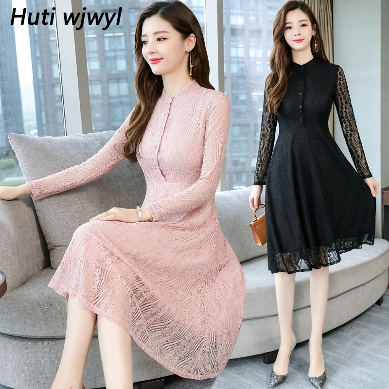 

Autumn Winter Plus Size Vintage Lace Pink Midi Dresses 2019 Women Elegant Bodycon Black Dress Party Long Sleeve Runway Vestidos