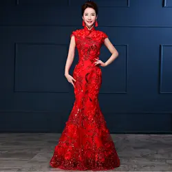 Мода 2016 года 3D цветок красный кружево вечернее платье Китайский восточные платья Винтаж Китай Свадебные платья Qipao Длинные cheongsam