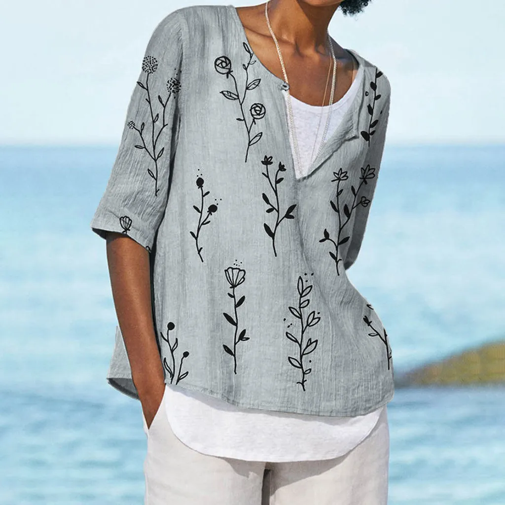 

Linen 5XL Frseh Blouse Plus Size Women V-neck Printing Middle Sleeve Shirts Easy Tops Blouses