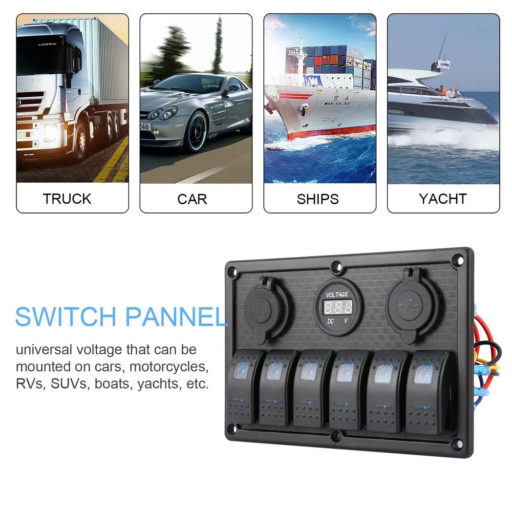 

5Pin Dual Lamp 6 Gang Rocker Switch Control Panel Cigarette Lighter Socket LED Light Circuit Breakers for Car Boat