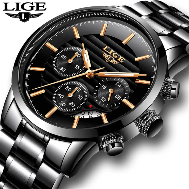 

LIGE Mens Watches Top Brand Luxury Quartz Clock Male Stainless Steel Chronograph Military Sport WristWatch Men Relogio Masculino