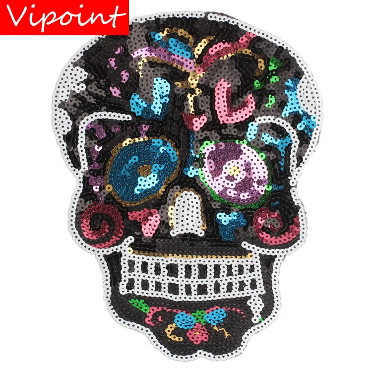 

VIPOINT embroidery Sequins big skull patches terror patches badges applique patches for clothing JW-51