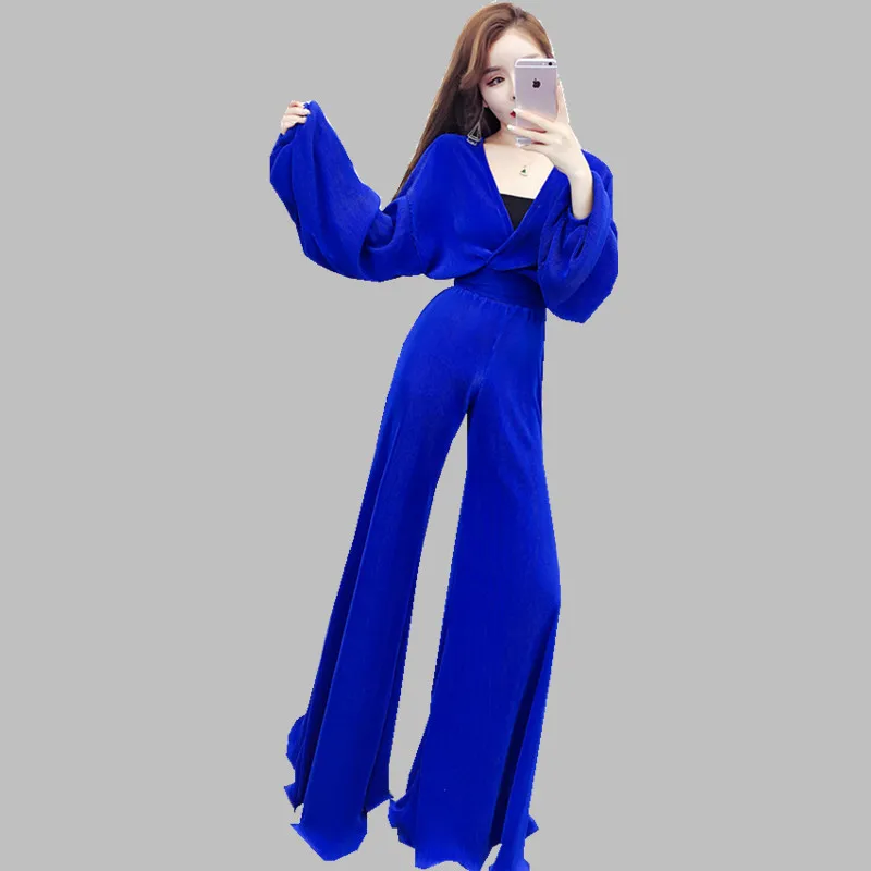 

HAMALIEL New Fashion Women Blue Cardigans Pants Set Summer Lantern Sleeve Lace UP Sexy V Neck Tops + Big Flare Trousers Suit