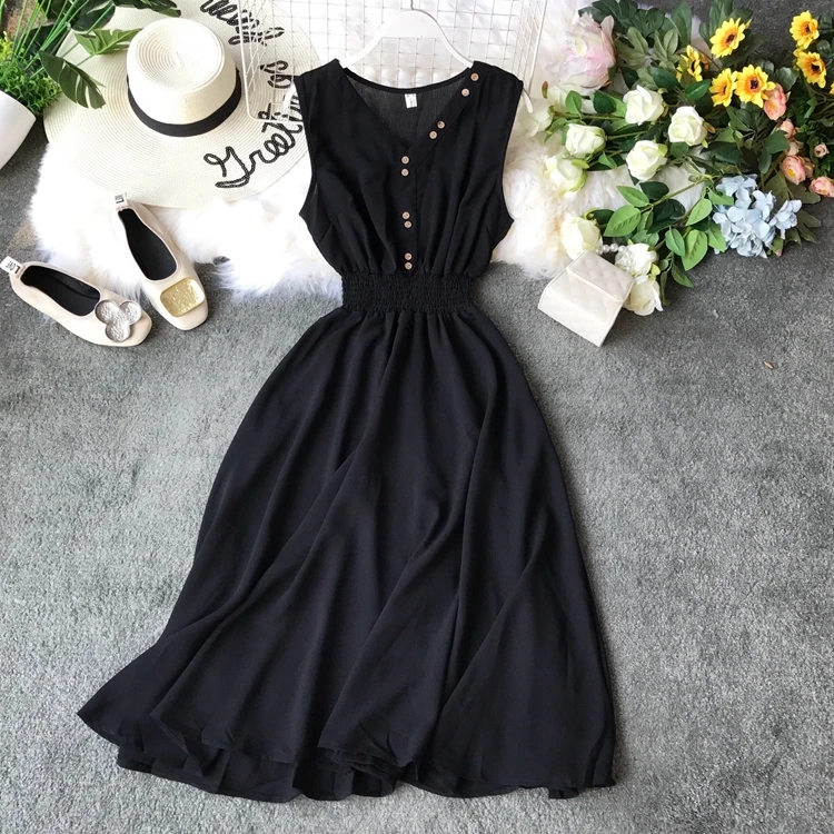 

Cold Wind Dresses Spring and Summer 2019 New Retro V-collar Slender Chiffon Super Fairy Medium-length Skirt