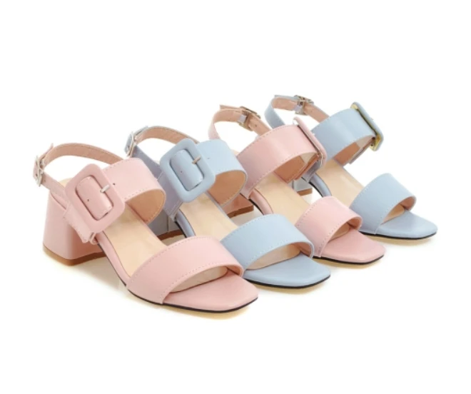 Women Sandals Plus Size 34-43 New Fashion Square High Heel Office Lady Pumps Woman Shoes Summer Student Casual Sandal Blue Pink (6)