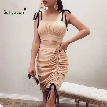 

Summer Two Piece Dress Women Casual 2 Piece Set Bandage Crop Top and Drawstring Skirt Dress Set Sleeveless Beach Party Outfit