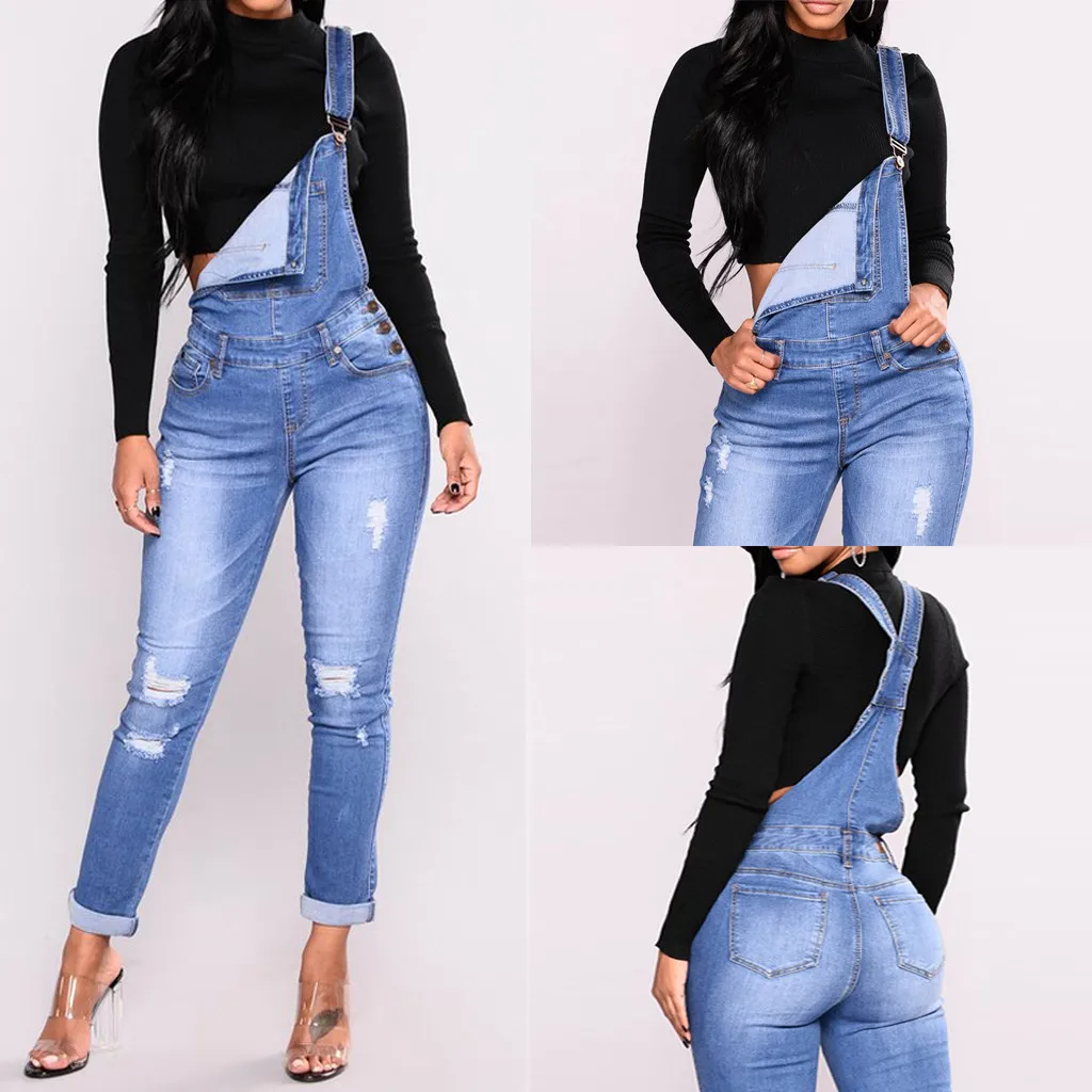 

Bodysuit Women denim jumpsuit Women's With Holes In Their Straps Straightforward Tight Calf Jeans mono mujer largo elegante