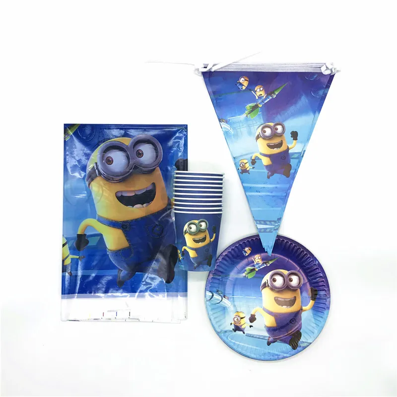 

Minions Theme 61pcs/lot Birthday Party Baby Shower Cartoon Paper Cup Plate Flag Event Party Hanging Banner Tablecloth Supply