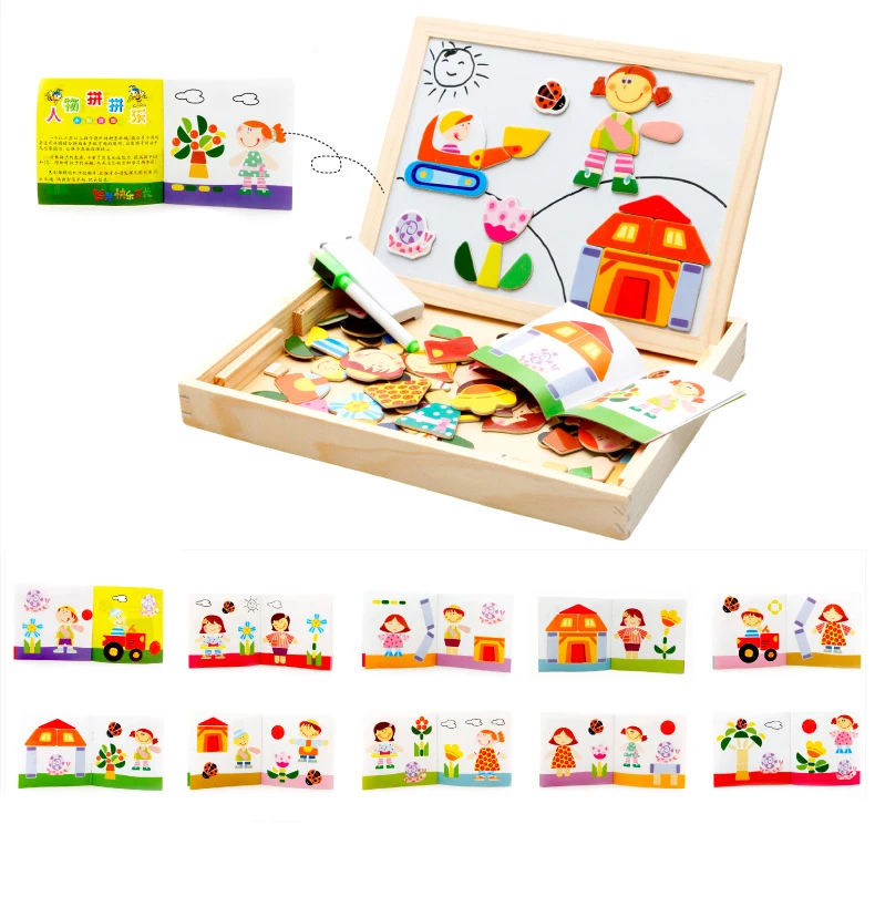 Placa de Escrita Brinquedo de Madeira Brinquedos para Crianças Estilo Desenho Placa Magnética Quebra-cabeça Duplo Cavalete Criança Aprendizagem Educação Fantasia Presente 3 15 magnética quebra-cabeça duplo cavalete criança brinquedo de