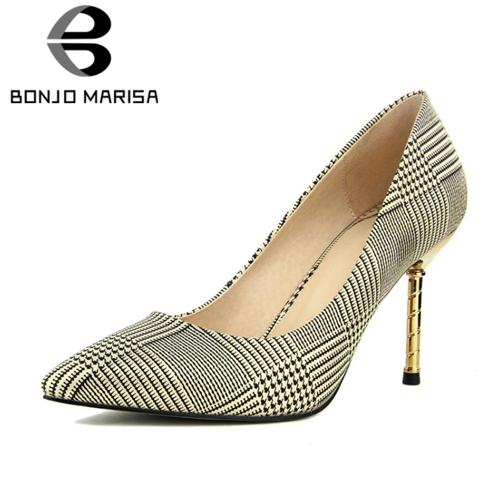 

BONJOMARISA New Fashion Big Size 34-42 Mixed Colors Pointed Toe Plaid Gingham Shoes Woman Casual Party Sexy Spring Autumn Pumps