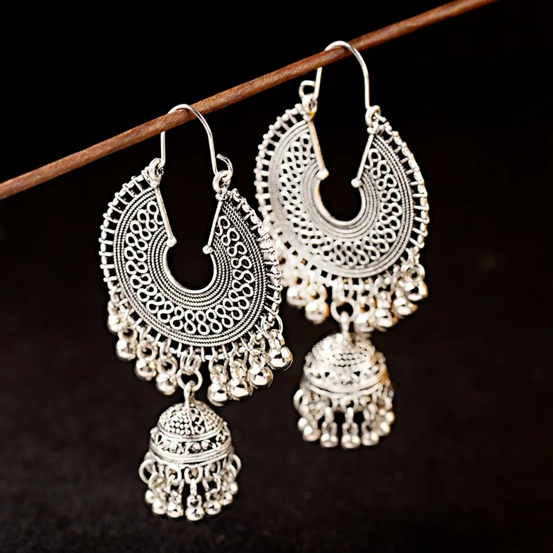 

TopHanqi 2019 Indian Jhumka Jewelry Sliver Small Bell Tassel Drop Earring Boho Ethnic Metal Dangle Hanging Earrings For Women