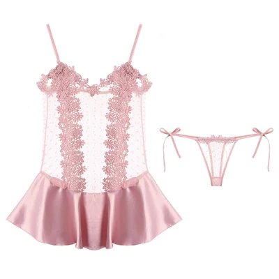 Hoyyezen Сексуальная женская ультра-тонкая лед Шелковая пижама прозрачная вышитая точка кружева слинг короткая тонкая ночная рубашка набор - Цвет: lotus pink
