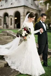 Элегантный одежда с длинным рукавом кружево бальное платье Свадебные платья отделанная драгоценными камнями прозрачная кисея средства