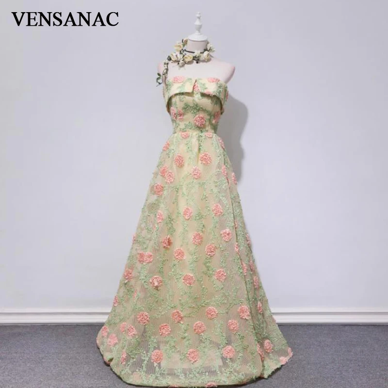 VENSANAC 2018 Strapless A Line Lace Flowers Appliques Long Evening Dresses Party Metal Leaf Sash Backless Prom Gowns VENSANAC 2018 Strapless A Line Lace Flowers Appliques Long Evening Dresses Party Metal Leaf Sash Backless Prom Gowns