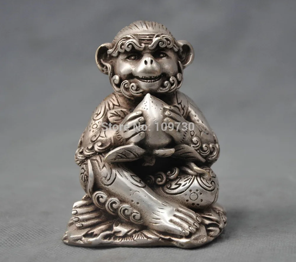 bir 001318 5'' China Silver Bronze Feng Shui Zodiac Monkey Auspicious