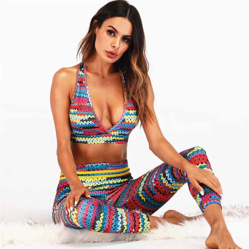 

2019 Yoga Suits Women Sport Sets Knit Printing Stretch Sport Bra Yoga Leggings Set High Elastic Female Slim Gym Tight Sportswear