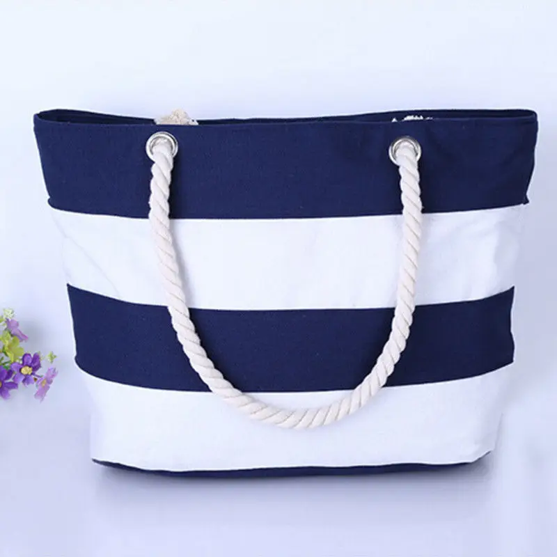 Летняя хозяйственная сумка большая Вместительная женская холщовая пляжная сумка через плечо полосатая Эко сумка - Цвет: Blue White
