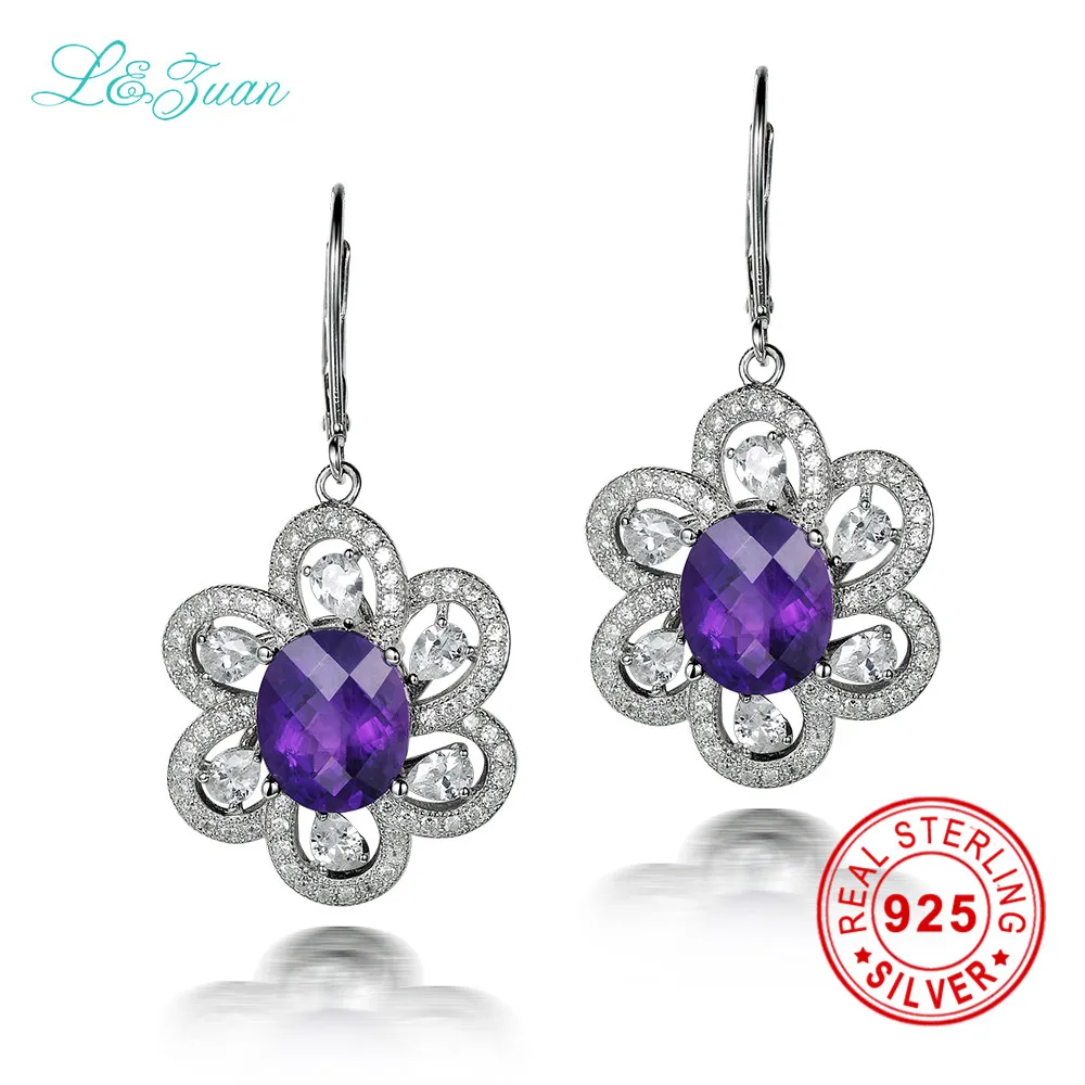 

l&zuan 925 sterling silver natrual 7.02ct Amethyst purple quartz flower drop earring jewelry for women