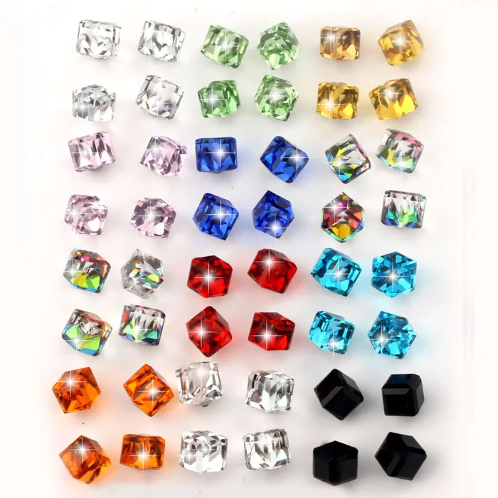 

VIVILADY 24pairs/lot Fashion Crystal Stud Earrings Women Clear Red Blue Black Green CZ Cube Stone Jewelry Gift Wholesales Price
