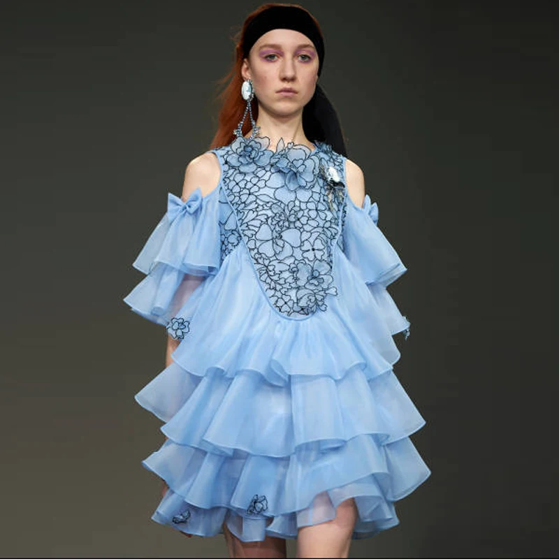 

Runway Dress Designer 2019 New Arrival Spring Summer High Quality Women Luxury Multi Layer Cake Ruffle Floral High Street Dress