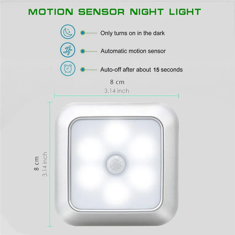  Square 6 LED Human Body Induction Night light Intelligent Light Contorl Motion Sensor Infrared Cabi - 33016536138