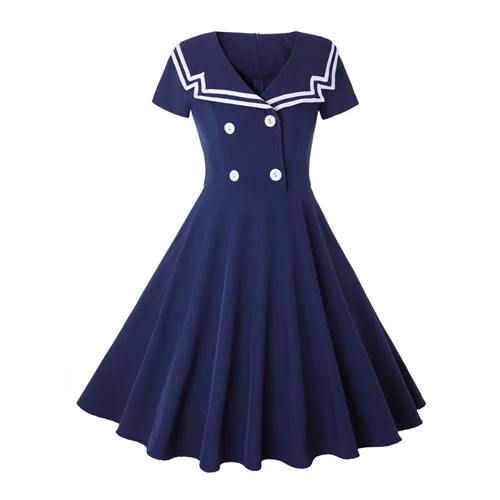 MISSJOY/платье с матросским воротником, коротким рукавом, трапециевидной формы, длиной до колена, на булавке, для студентов, винтажная одежда, консервативный стиль, для женщин, лето - Цвет: Тёмно-синий