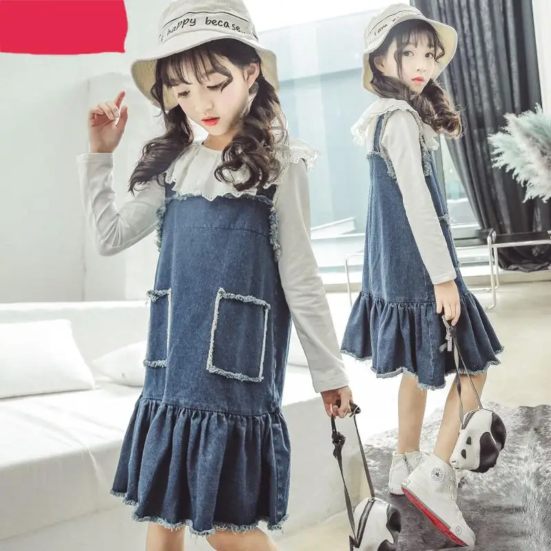 

2018 Girls Clothing Set 6 7 8 9 10 11 12 14 Years Spring School Clothes T shirts + Denim Dress 2pcs Suit Roupas Infantis Menina