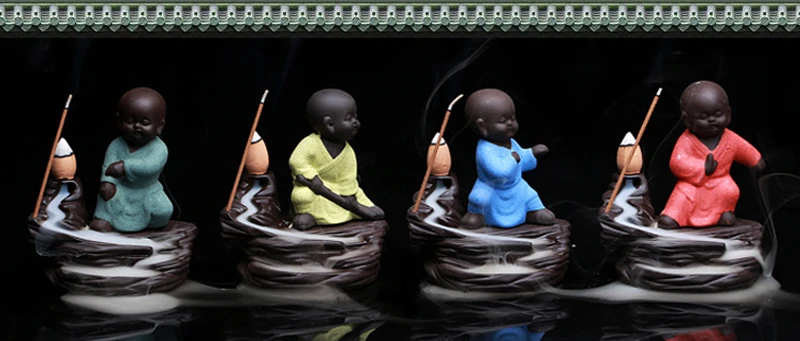 Backflow Incense Burner Ceramic Little Monk Stick Incense Holder Home Decor Aromatherapy Buddha Censer+ 20Pcs Incense Cones