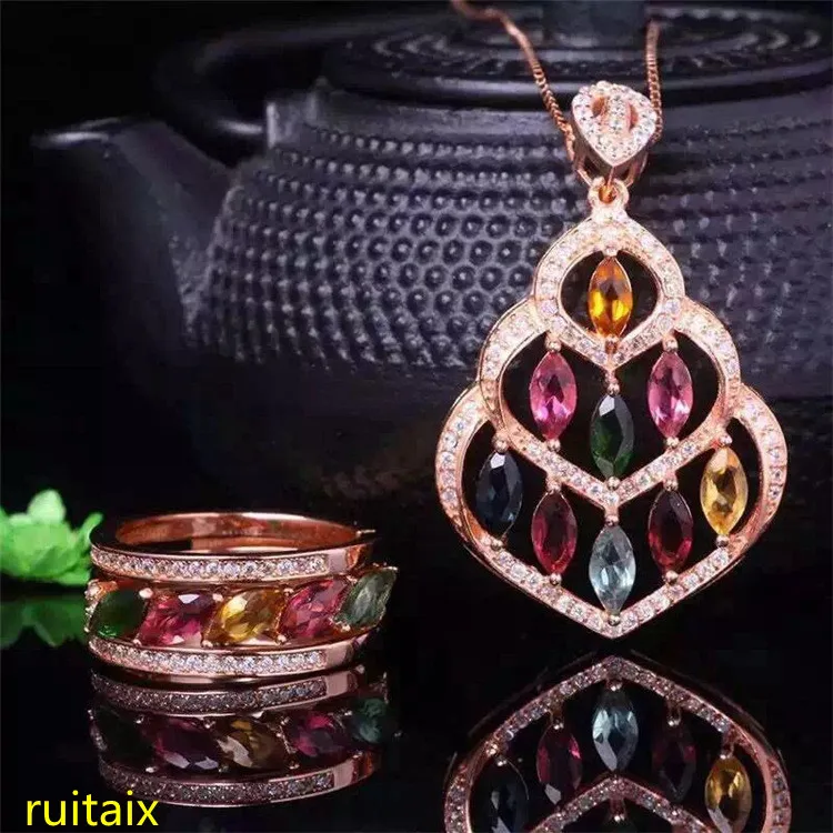 

KJJEAXCMY boutique jewels 925 sterling silver inlaid with natural tourmaline pendant and ring suit for necklace