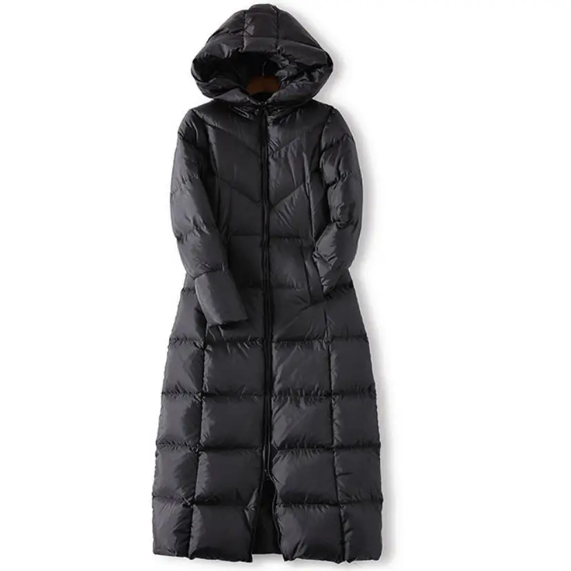 Женский тонкий длинный пуховик, зимняя куртка, утиный пух, капюшон, теплый, модный, высокое качество