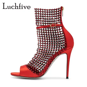 

Silk Net Crystals Thin High Heeled Sandals Woman Ankle Buckle Strap Open Toe Gladiator Stiletto Red Pink Zipper Sandals Mujer