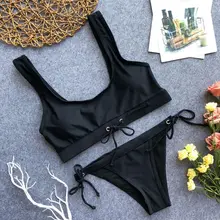 Женский сексуальный бикини с регулируемым шнурком и широким диапазоном, укороченный топ с низкой талией, боковой узел галстука, стринги, однотонный спортивный купальник, пляжная одежда