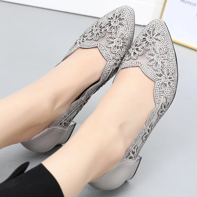 GKTINOO Summer Fashion Hollow Out Genuine Leather Pumps Women Shoes Med Heels Square Heel Mesh Ladies Office Shoes Crystal women pumps shoes