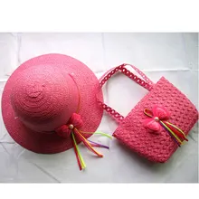 Летние комплекты из 2 предметов для девочек, соломенная шляпа и сумка с бантом из ленты, 7 цветов, дизайнерские детские шляпы от солнца, пляжные шляпы