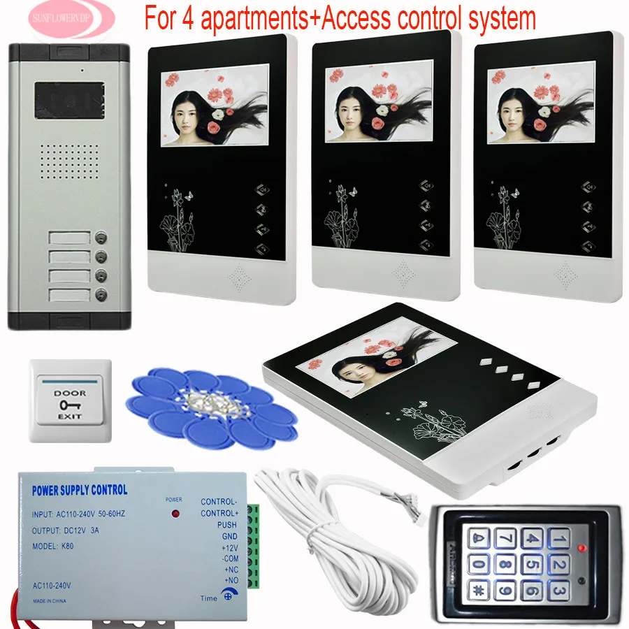 Home Security 4.3\ Color Screen Video DoorPhone Intercom 4 Keys+4 Monitors Video Doorbell intercom Keypad Access Control System