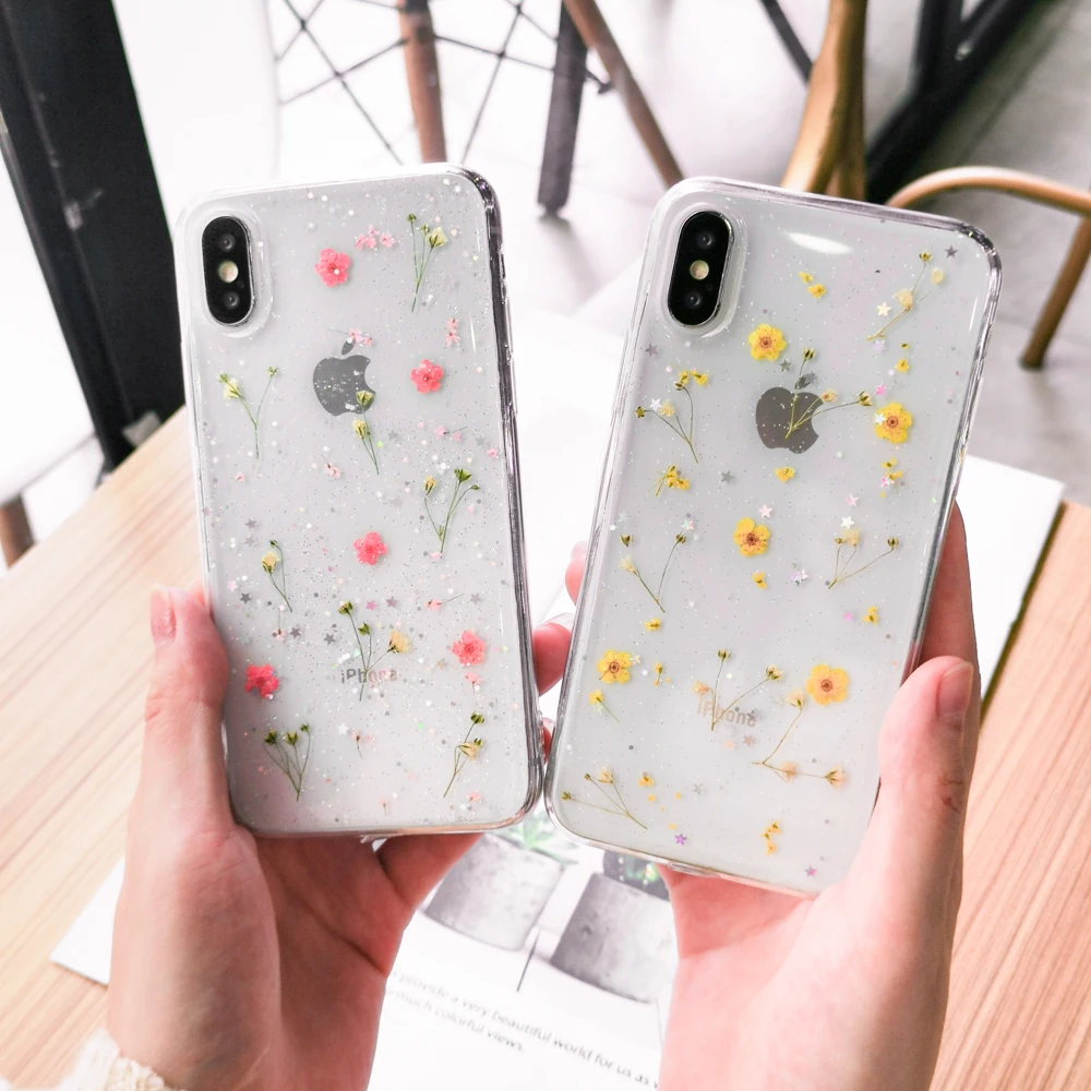 Настоящие цветы сухоцветы Мягкий ТПУ чехол для телефона для iPhone 11 X XS XR XS Max 6 6S 7 8 Plus Прозрачный блестящий красивый чехол