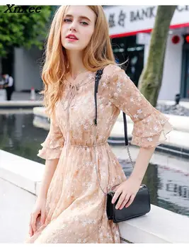 

2018 New Sweet Summer Print Chiffon Dresses V-neck Beach Dress Ruffles Flare Sleeve Mini Office Lady Dresses Vestidos Xnxee