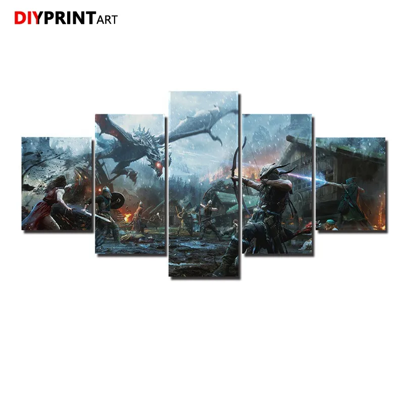 

The Elder Scrolls Skyrim 5 Panel Wall Picture Archer Battle Dragon Paintings for Living Room Wall A1007