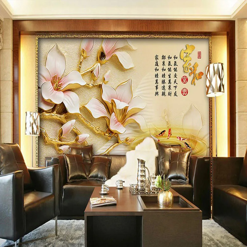 

Customized wallpaper mural Chinese style 3D natural scenery with Magnolia embossed behind sofa as background in living room