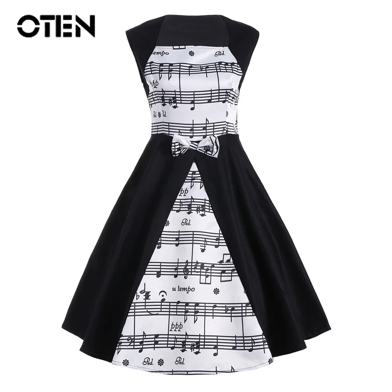 

OTEN Vintage Retro 50s Women Summer Sleeveless Music Note Bow Patchwork Square Collar Knee Length party Skater Swing dress robes